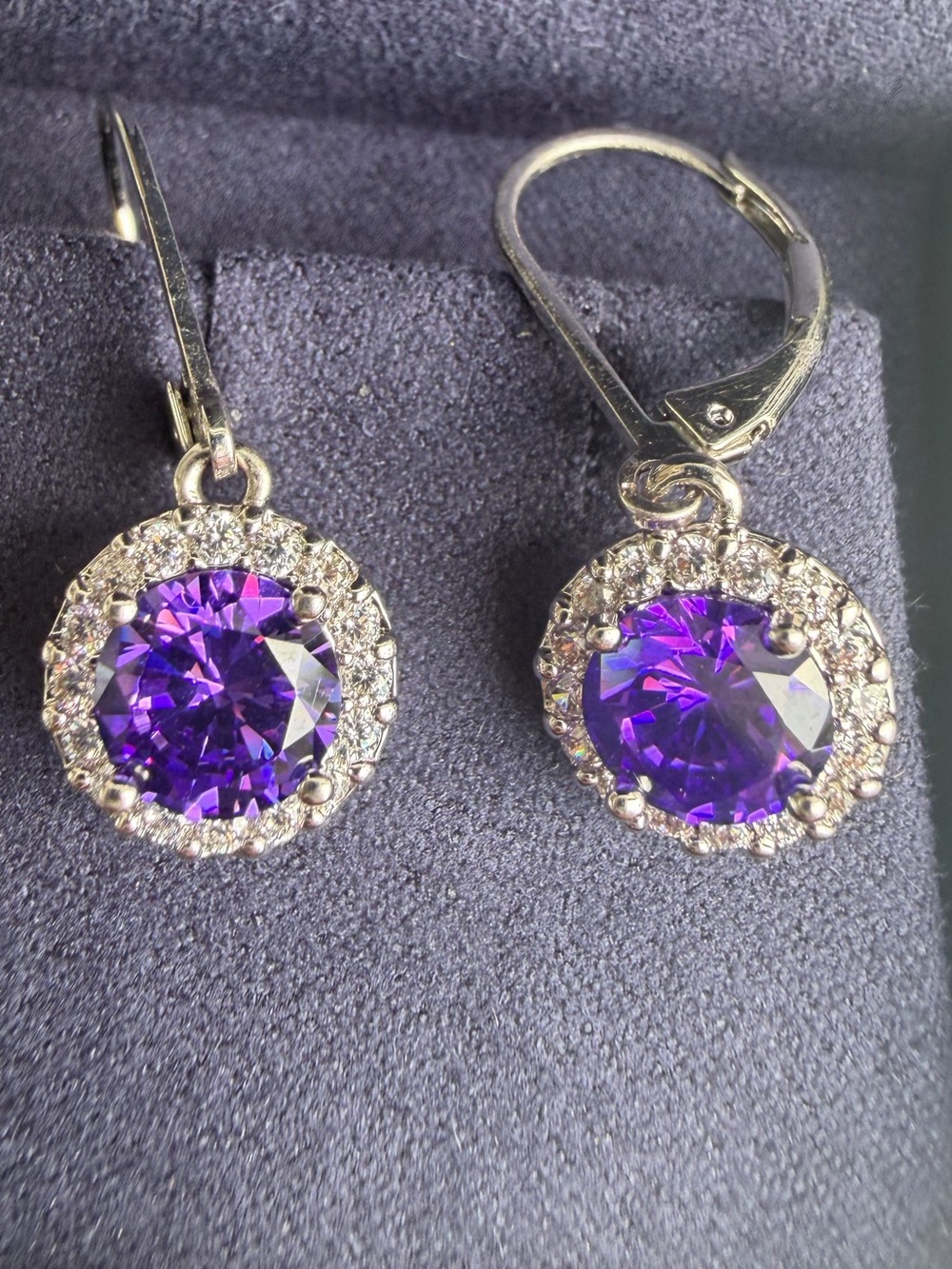 Purple Amethyst and White Sapphire Halo Drop Earrings - Women Jewelry